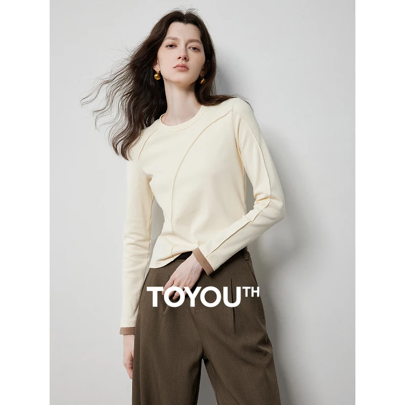 TOYOUTH Women Long Sleeve T shirt 2024 Autumn New Pleated O Neck Long Sleeve Patchwork Basic Shirt Tops