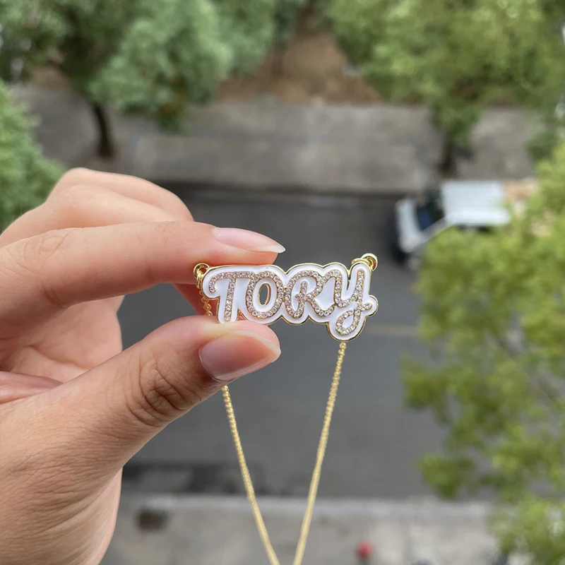 

Colorful Enamel Necklace Custom Name Luxury Paved CZ Zircons Women Nameplate Jewelry Stainless Steel Diamond Letter Necklaces