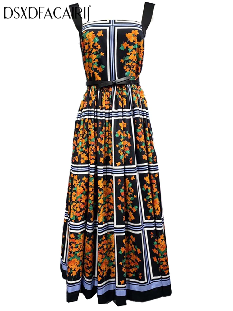 

DSXDFACAIRIJ Women's Fashion Summer Vacation Dress Spaghetti Strap Sleeveless Backless with Sashes Flower Print Cotton Dress