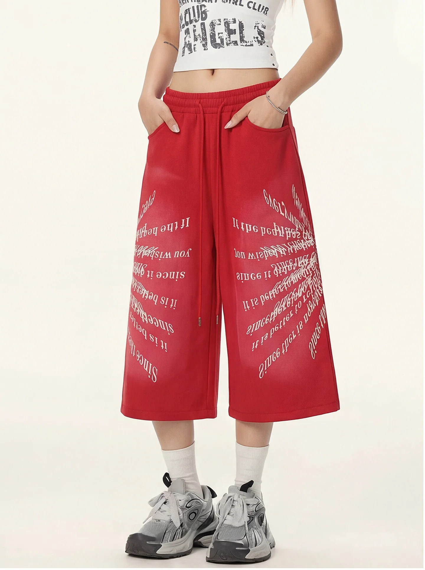 Retro American Red Letter Print Seven-Foot Wide Leg Pants Neutral Loose Fit Gradient Color Casual Trousers for Women