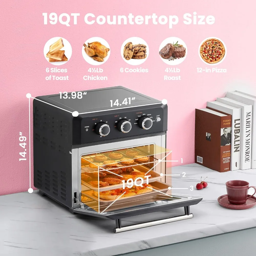 Oven pemanggang udara Retro, 7-in-1, 1500W, kapasitas 19QT, 6 iris, Rotisseries, hangat, Broil, Toast, panggang konveksi, HITAM