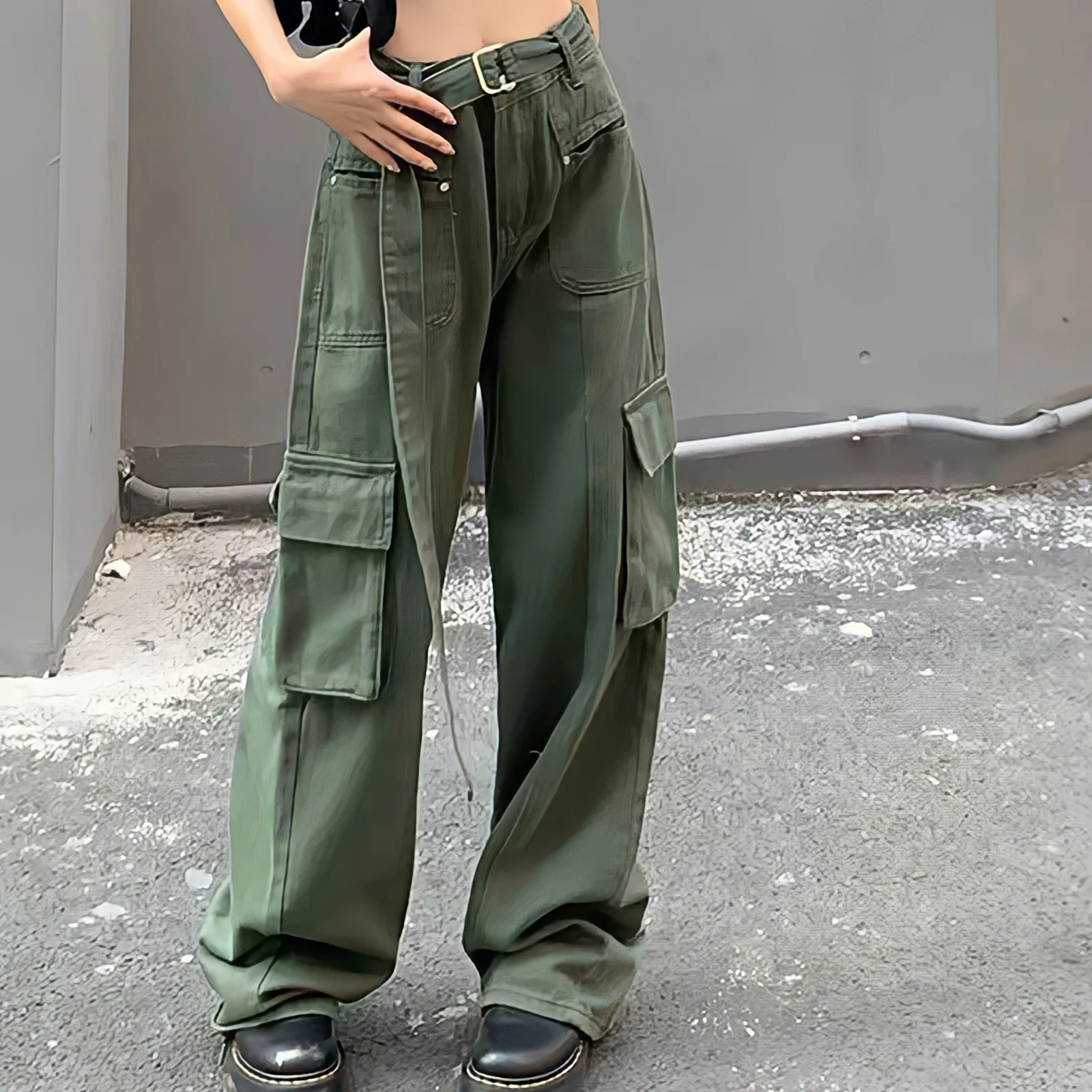 

2022New Baggy Jeans Oversize Green Cargo Pants Women Pocket Chic Vintage Streetwear Wide Leg High Waist Trousers Brown Straight