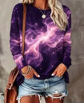 Women Long Sleeve T‑Shirt Green Nebula Smoke Galaxy Star Print Crew Neck Loose Casual Daily Blouse Tops