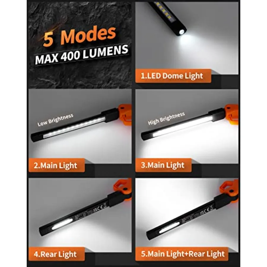 Rechargeable LED Work Light, 400LM Mechanic Work Light, Magnetic Flashlight with 230° Rotate and Hook Led Work Light for Car Re