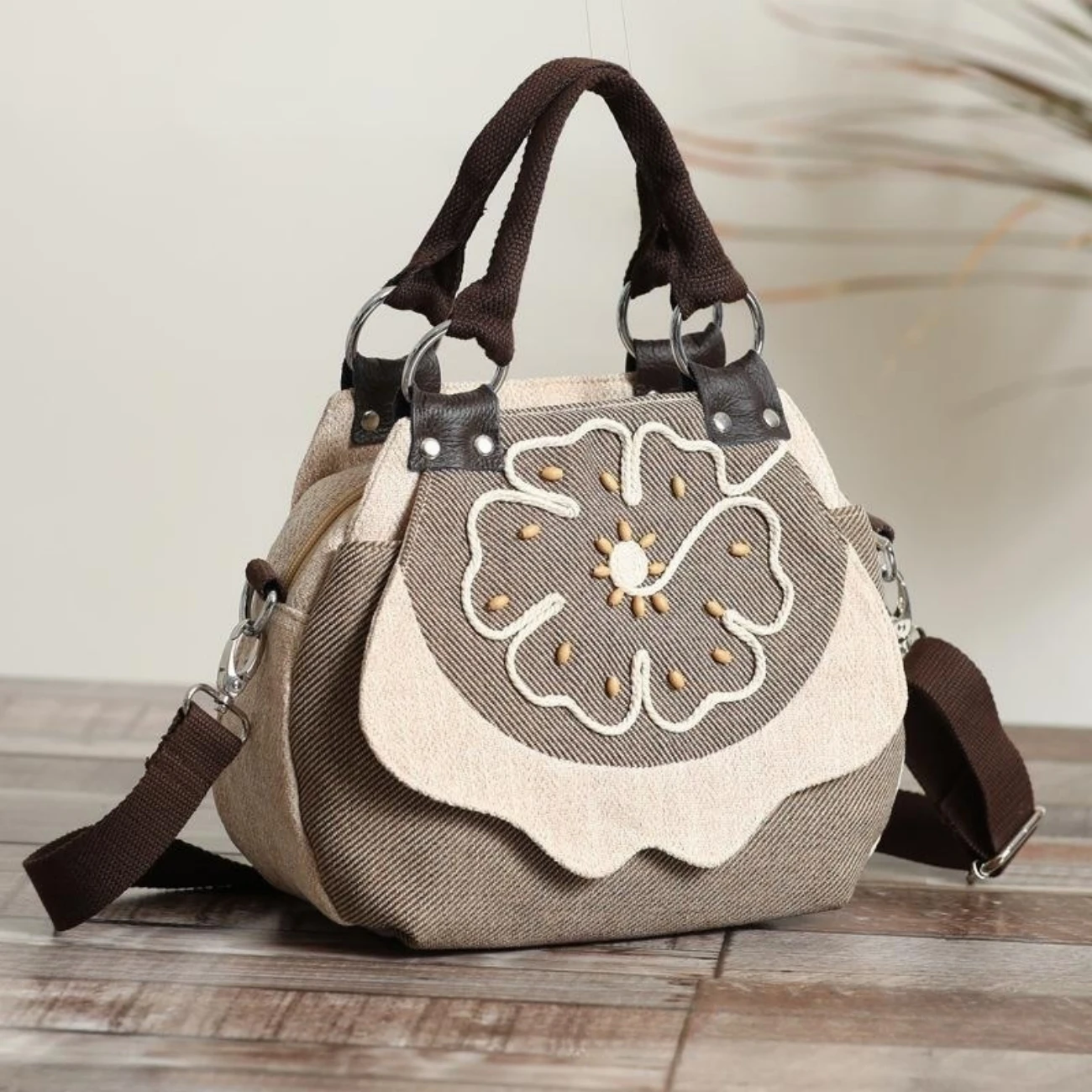 Women's Handheld Crossbody Bag Versatile, Simple and Lightweight Canvas One Shoulder Flower Splice