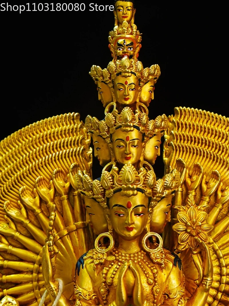 31cm Copper gilding Thousand-hand Guanyin statue Kwan-yin Avalokitesvara sculpture