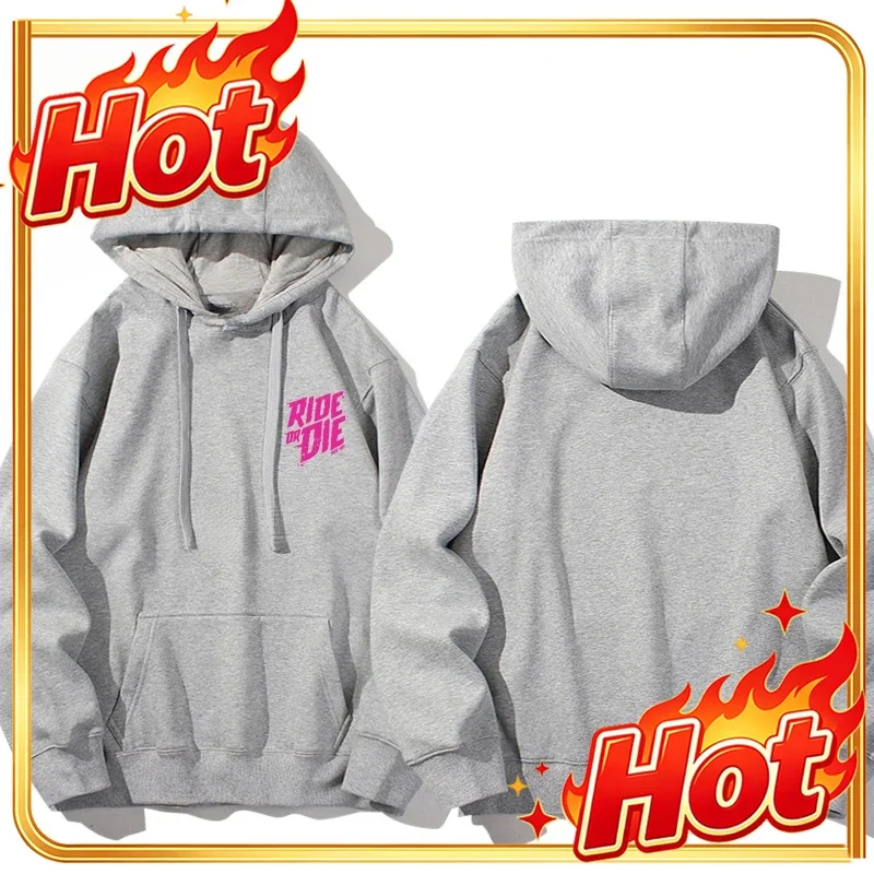 Men's Ride or Die Lettering Hoodie Printed Adult Casual Long Sleeve Hip-Hop Street Sweatshirt Autumn and Winter Warm Sweatshirt