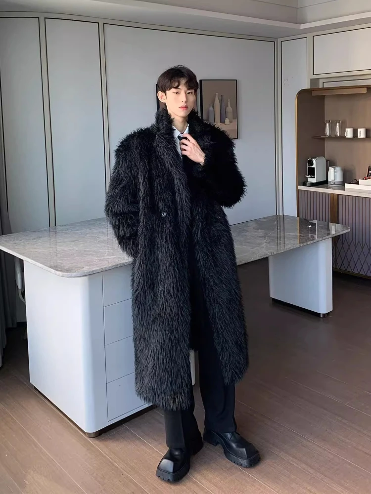 

Winter Freeze-Resistant Thickened Faux Fur Coat Men Oversized Mid-Length Trench Coat Warm Faux Fur Overcoat Slouchy Long Jacket