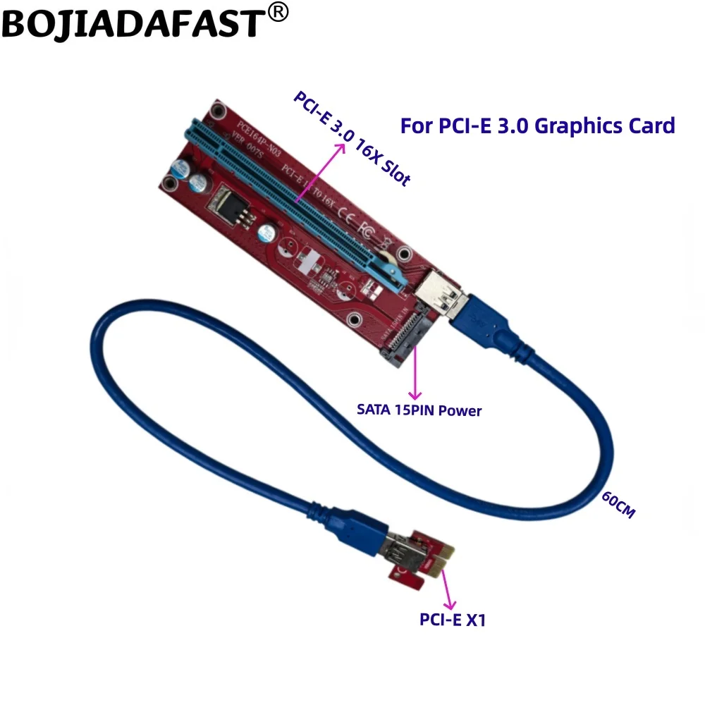 PCI-E 3.0 16X to PCIe X1 Adapter Riser Card SATA 15PIN Power with 60CM USB 3.0 Cable for GPU Graphics Card