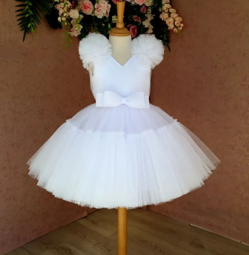 

White Flower Girls Dress Puffy Tutu Outfit V Neck Princess Christmas Party Dress New Photoshoot Kids Gowns