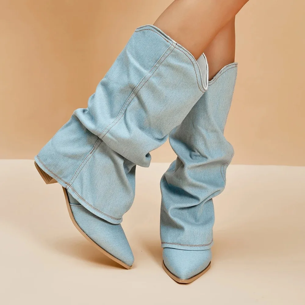 Pleated Block Heels Denim Boots for Women Autumn Pointed Toe Women High Knee Boots Plus Size Fashion Cowboy Woman Boots