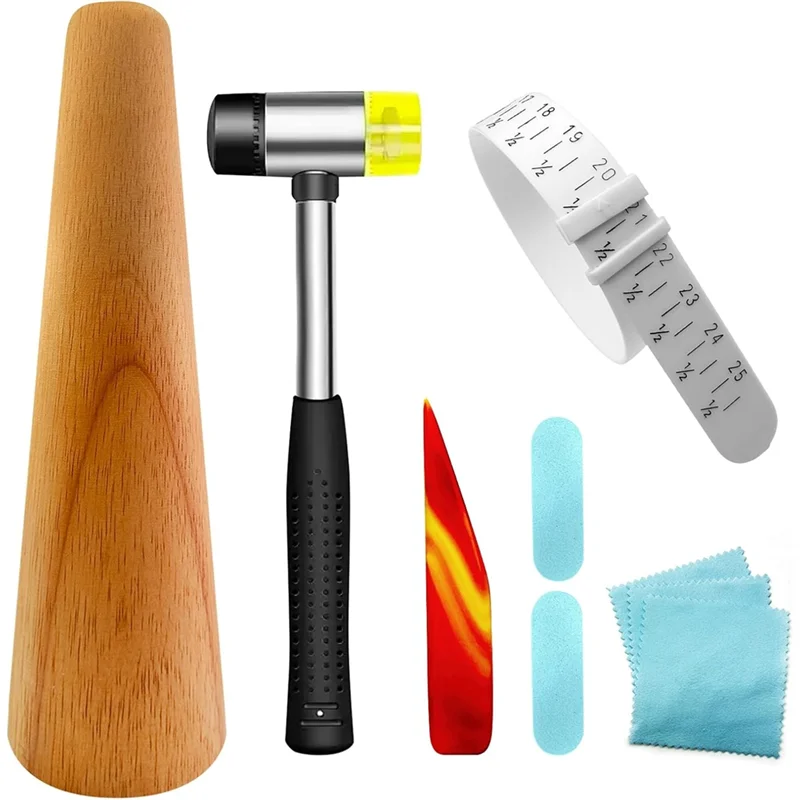 AB46-Juego de herramientas para hacer joyas, mandril de pulsera de madera, medidor de plástico redondo, martillo de joyeros, mazo de goma, herramientas para dar forma a brazaletes S