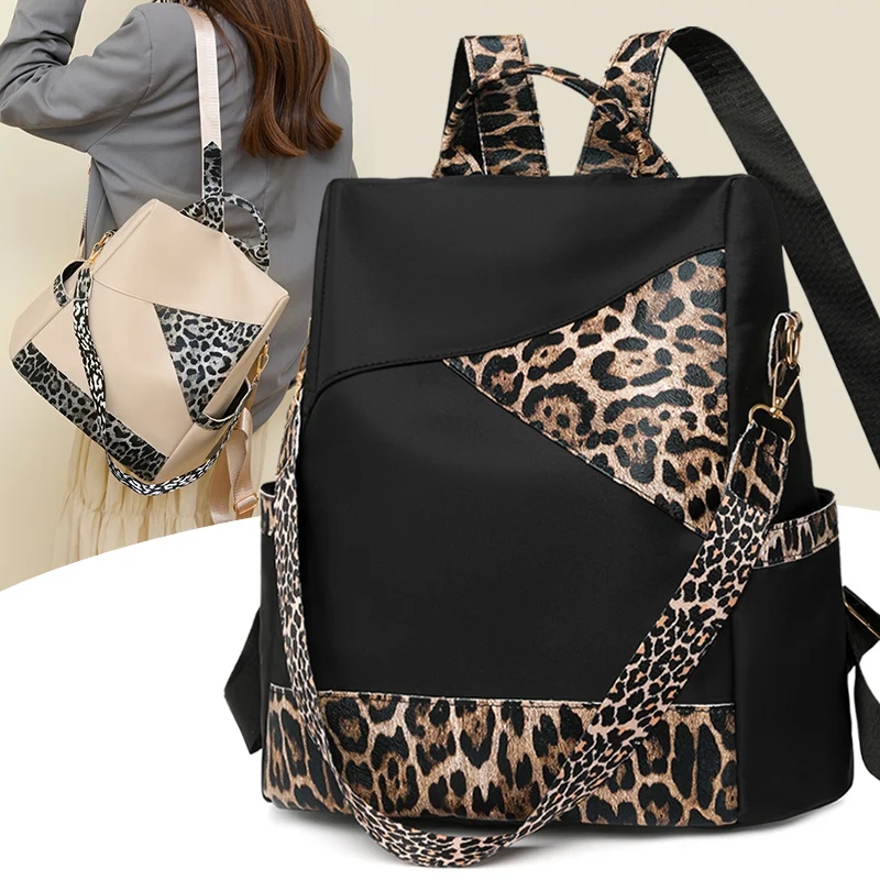 New Women's Large Capacity Leisure Backpack Fashion Leopard Pattern Color Blocking Travel Bag Female Students Computer Backpack