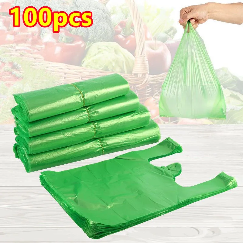 100pcs Green Plastic Bag Supermarket Fruits vegetables Shopping Storage Bag with Handle Candy Gift Bag Kitchen Clean Garbage Bag