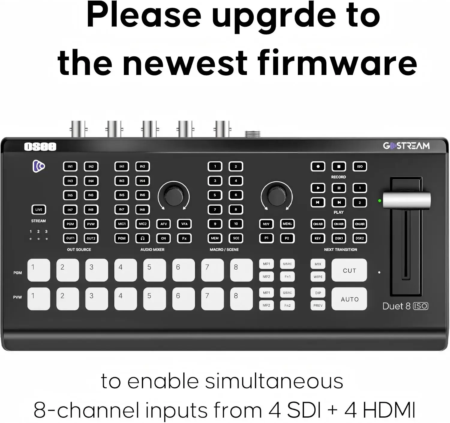 Osee GoStream 8 ISO Duet 8-Channel Video Switcher with 4K 4xHDMI 4xSDI 4xNDI HX/4xSRT/4xRTMP 2xWebcam Mixer for Live Streaming