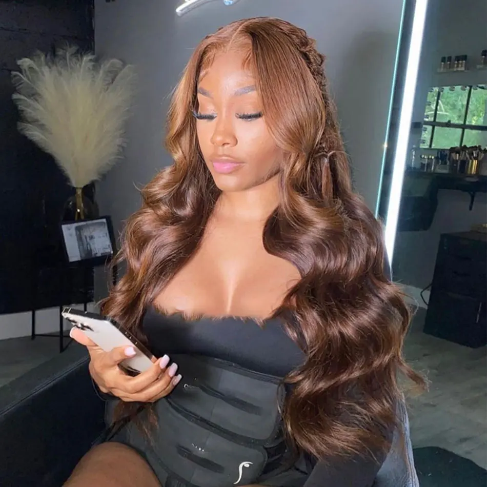 

Chocolate Brown Human Hair Wig Body Wave 13x6 Hd Lace Frontal Wig 200% Density Pre Plucked #4 Chocolate Brown Lace Front Wig