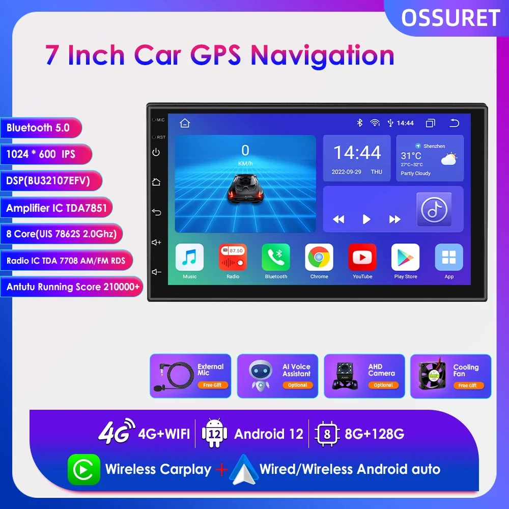 

7" Android 12 2 Din Car Radio Multimedia Player Universal Stereo GPS Carplay Screen for Volkswagen Nissan Hyundai Kia Toyota RDS