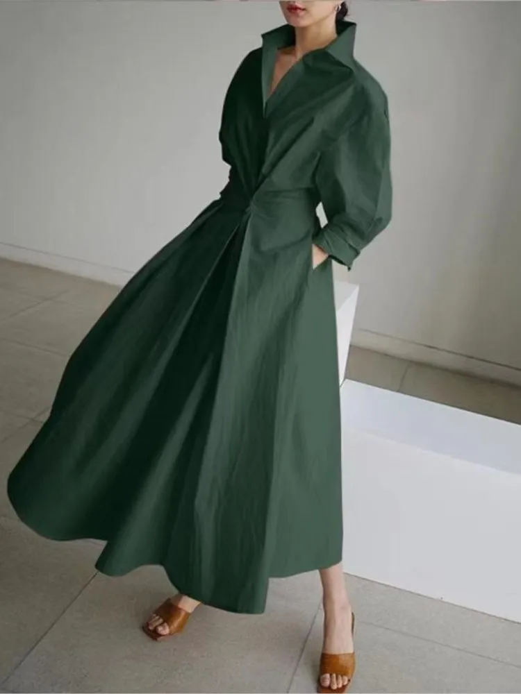 Spring Dress Long Sleeve Solid Color Cotton Linen Elegant Maxi Dresses For Women 2024 Casual V Neck Shirt Party Long Dress Robe