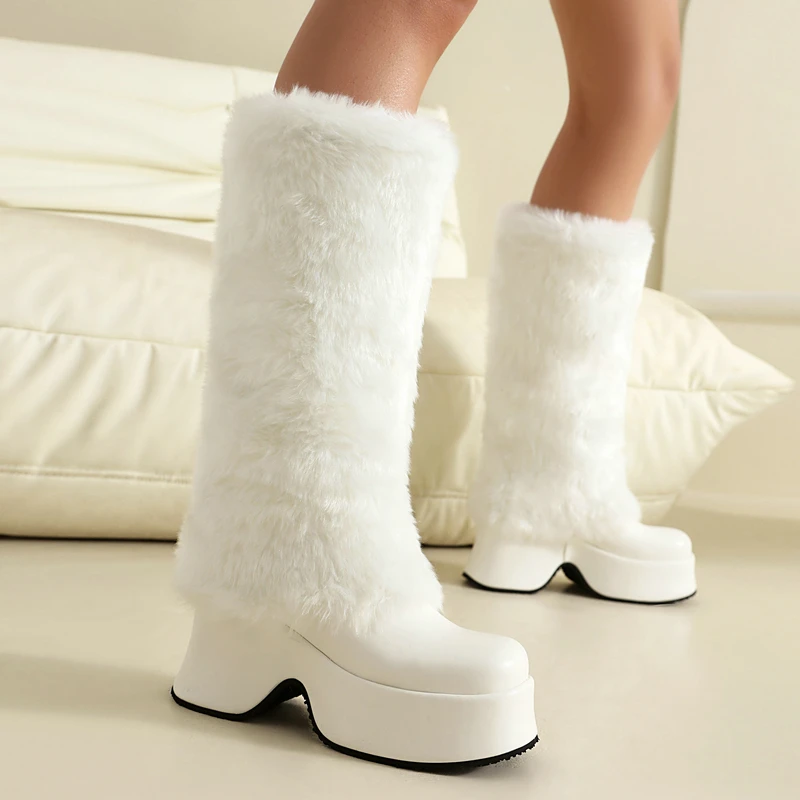 Bottes de neige chaudes à hauteur du genou pour femmes, rose, blanc, fausse fourrure, plate-forme, compensées, talons hauts, fourrure, designer, chaussures d'hiver