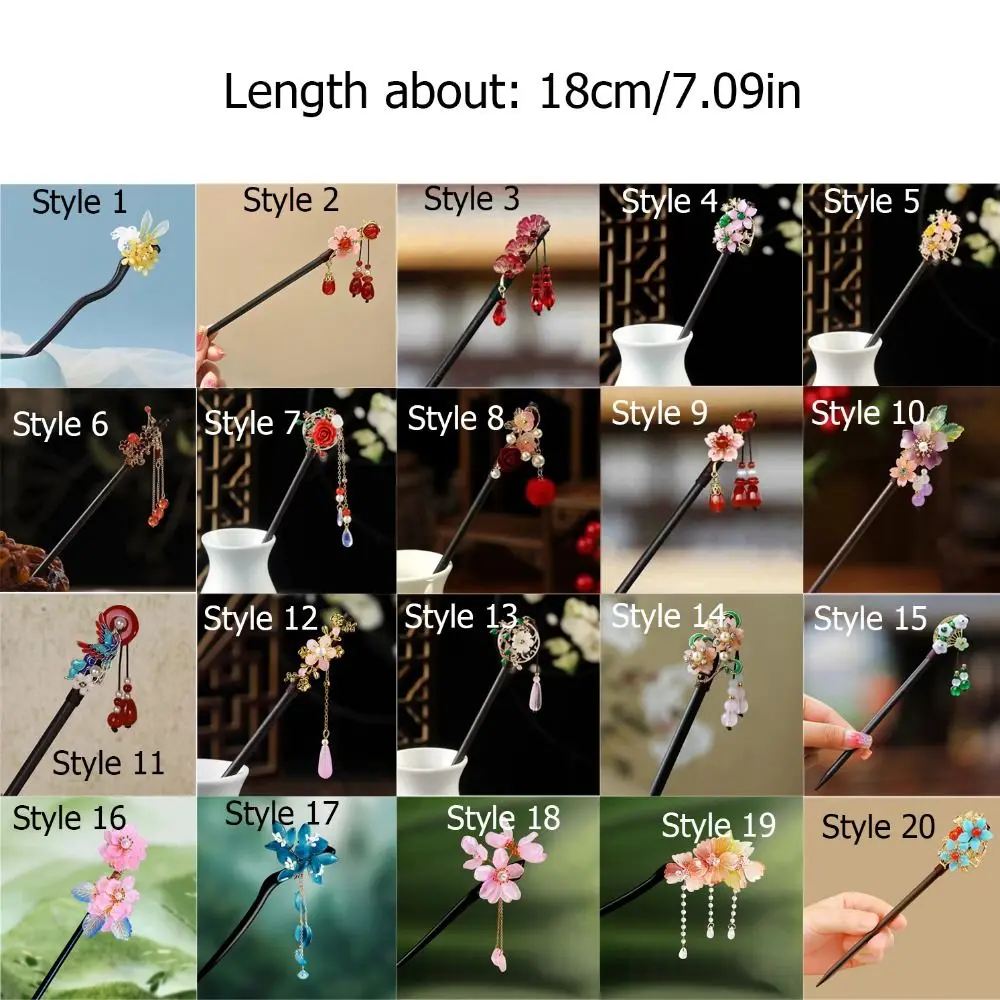 عصا شعر خشبية صينية جديدة مصنوعة يدويًا على شكل زهرة كعكة شعر هانفو عتيقة مع شوكة دبوس شعر بشرابة للنساء والفتيات