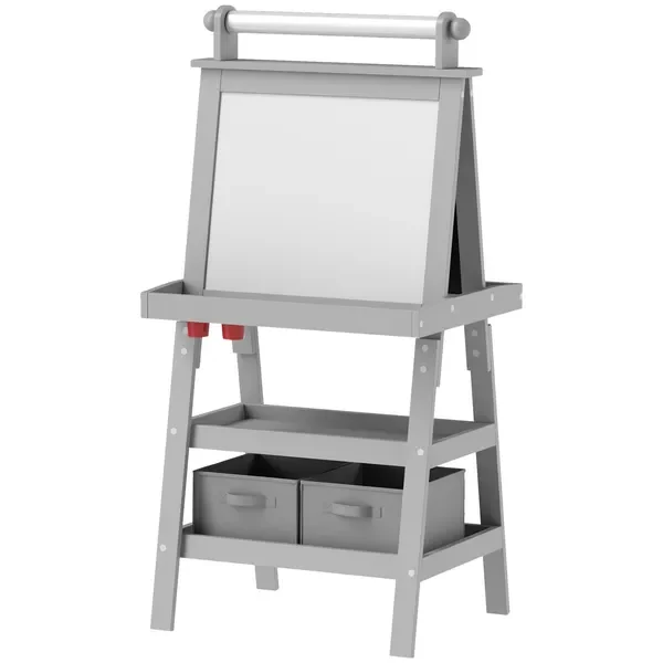 

Qaba Double-Sided Kids Easel with Whiteboard, Chalkboard & Paper Roll - Gray