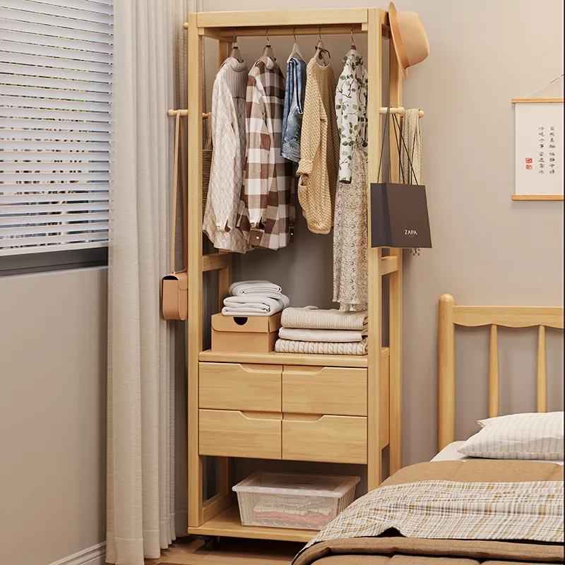 HYS solid wood coat rack bedside table integrated hanger floor-to-ceiling bedroom household small apartment bedside