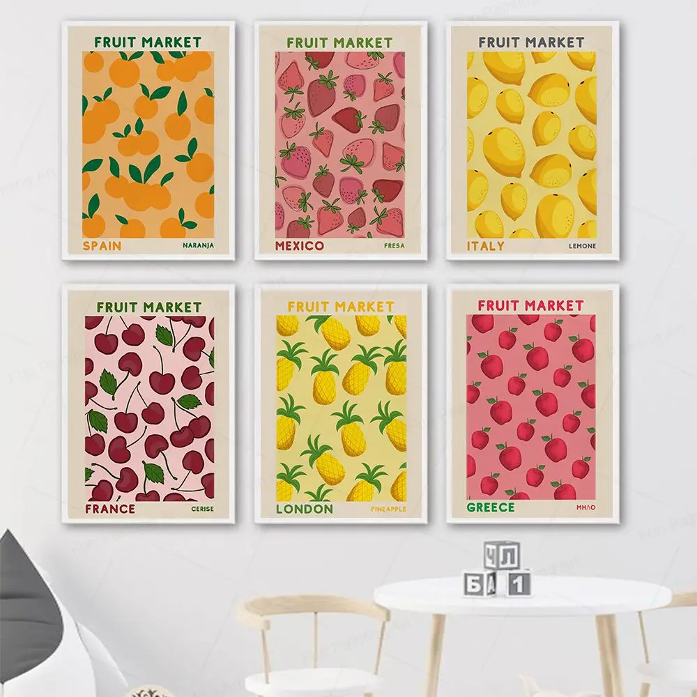 

Fruit Market Cherry Lemon Apple Strawberry Pineapple Orange Painting Fruit Posters Prints Canvas Wall Art Pictures Kitchen Decor