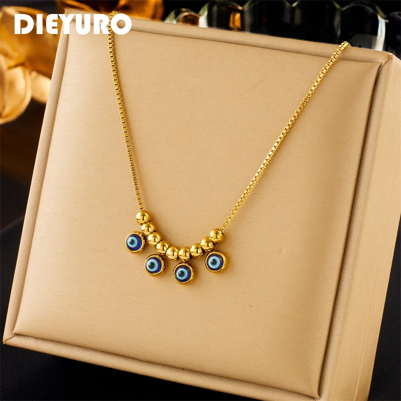

DIEYURO 316L Stainless Steel Blue Eye Beads Pendant Necklace For Women Girl New Retro Clavicle Chain Waterproof Jewelry Gift