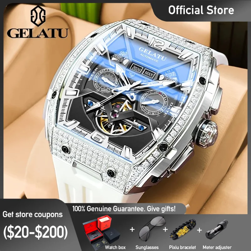 

GELATU Top Brand Men's Watches Full Automatic Wristwatch for Man Hollow Mechanical Flywheel Date Week Waterproof Luminous