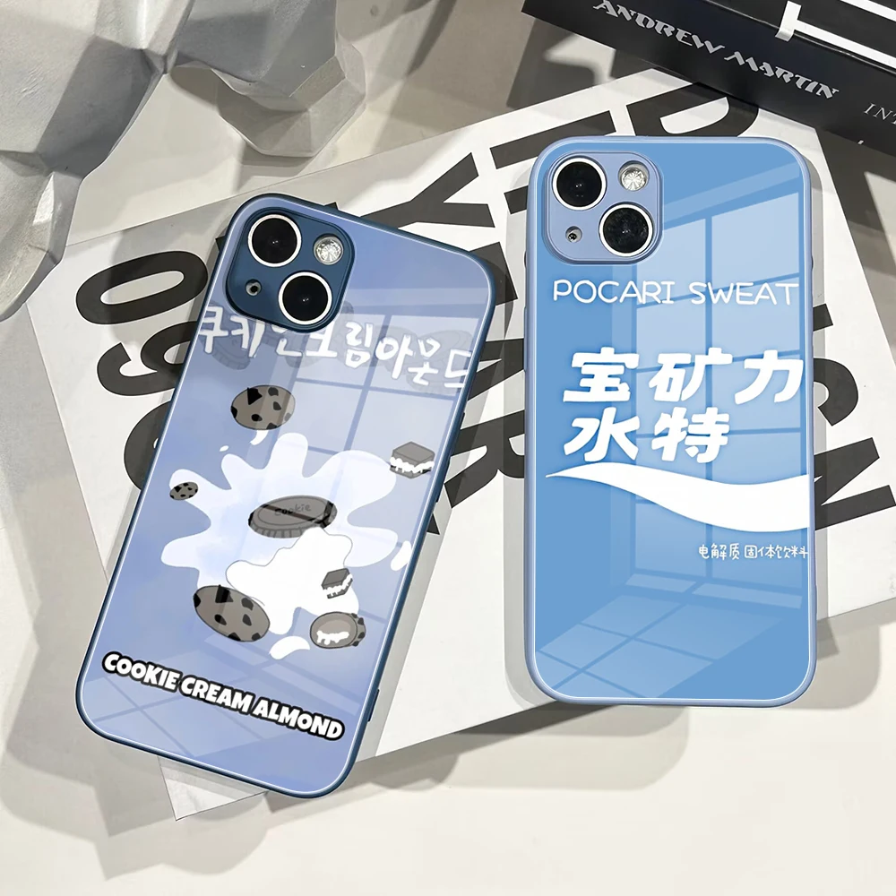 

For IPhone 14 Pro Hot Snack Drink Pocari Sweat Tempered Glass Phone Case For 11 12 XR XS MAX 7/8 X Plus 13PRO Color Covers