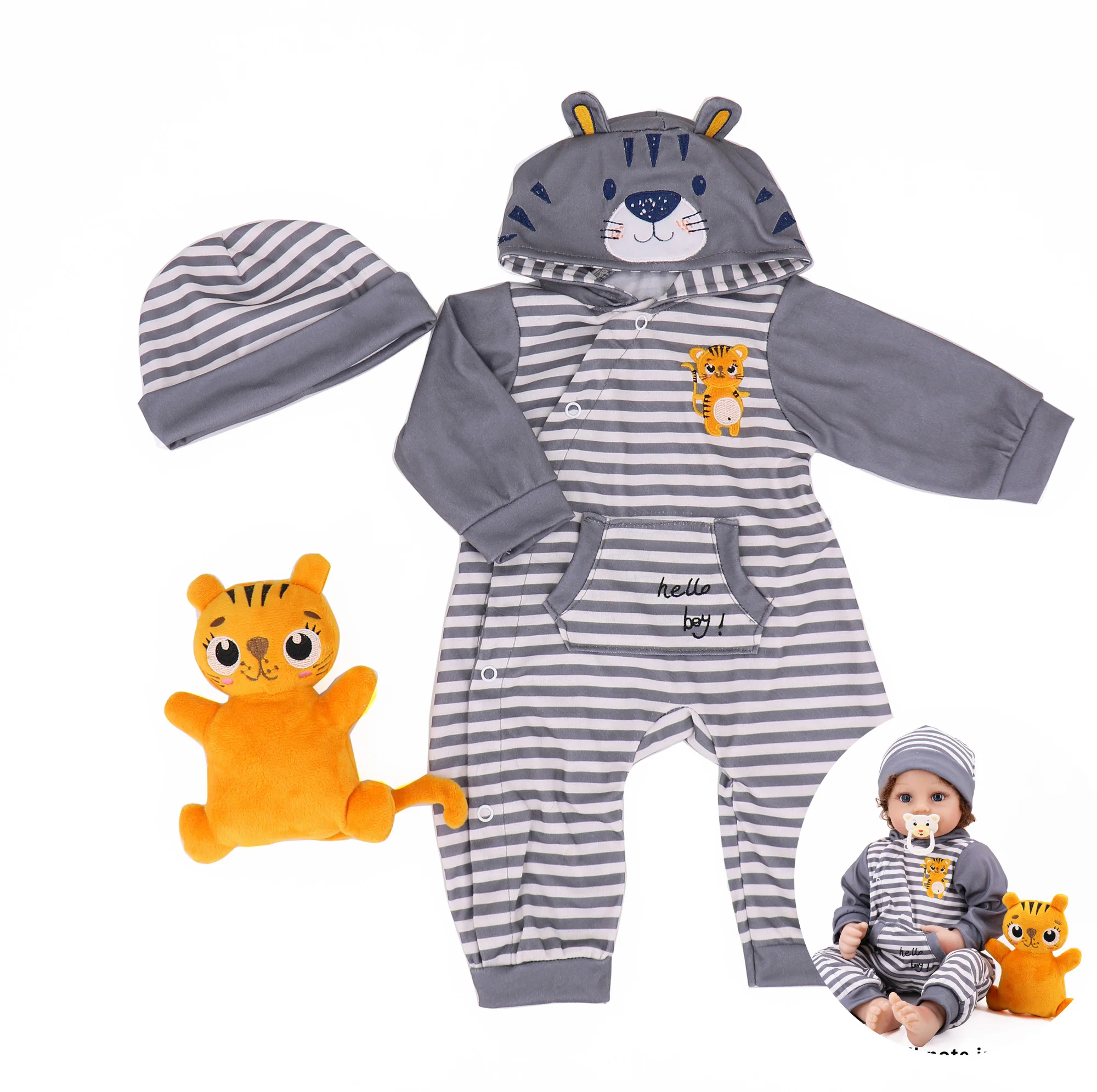 Ying Huan Mei dolls Clothes  Little Tiger Outfit,fit 20-22-inch Reborn Baby, Gray and White