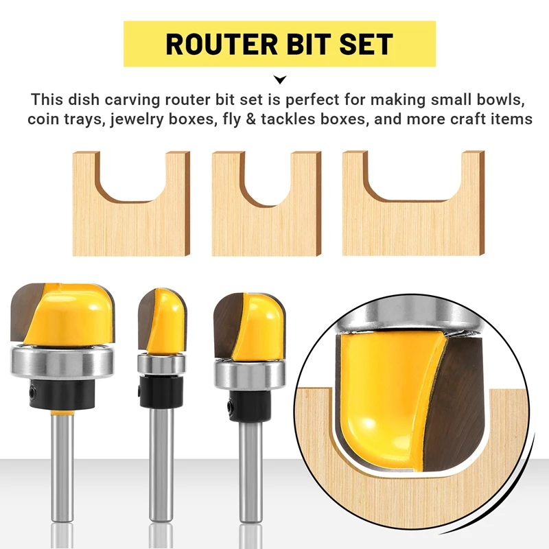 ABKD 3 Buah 1/4 Inci Mangkuk Betis dan Bit Router Baki, Set Bit Router Templat Mangkuk & Baki dengan Bantalan Bola