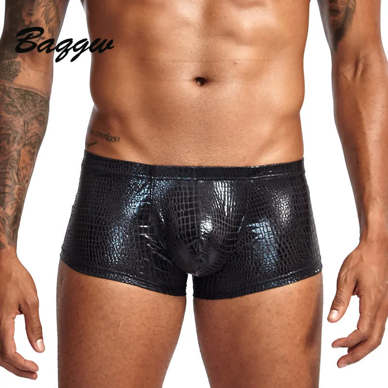 

Snake Low Waisted Faux PU Sexy Men's Boxers Panties Solid Color Stretch Skinny Show Gay Fashion Man Lingerie Nightclub Erotic