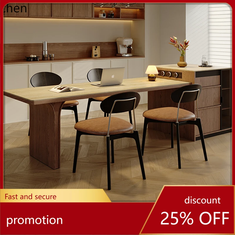 

HT travertine rock slab retractable island table integrated solid wood multi-functional with storage