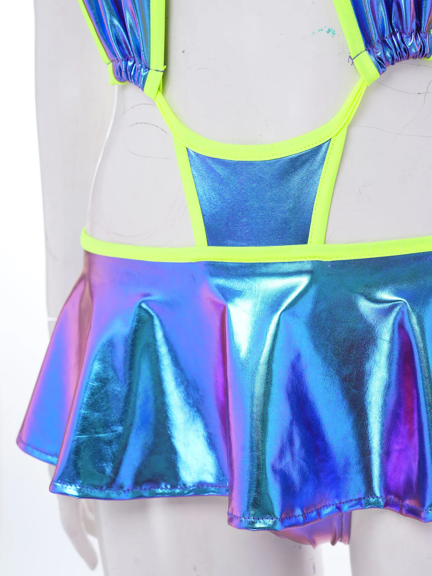 Womens Metallic Shiny Swimwear Halter Deep V Neck Backless Bodysuit Ruffled Hem Briefs Beach Bathing Suit Nightwear Clubwear