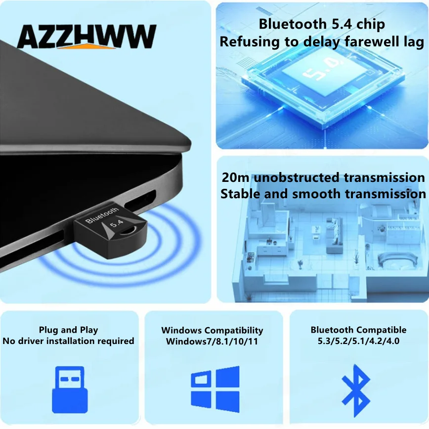 

USB Bluetooth Adapter 5.4/5.3/5.0 Wireless Bluetooth Audio Transmitter Receiver for PC Laptop Mouse Keyboard Printer Speaker