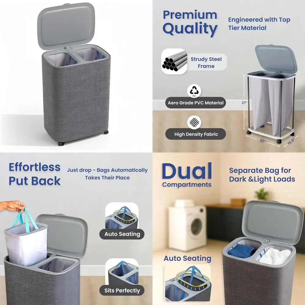 

Высокая двойная корзина для белья с колесиками, крышкой и двумя съемными моющимися пакетами для легкого сортировки одежды.
