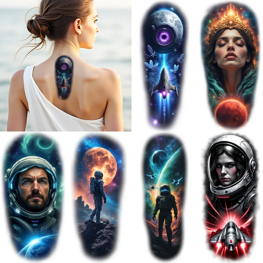 

12pcs Temporary Tattoo Waterproof Long-lasting Body Stickers Astronaut On Moon UFO Galaxy Swirl For Men Thighs Back