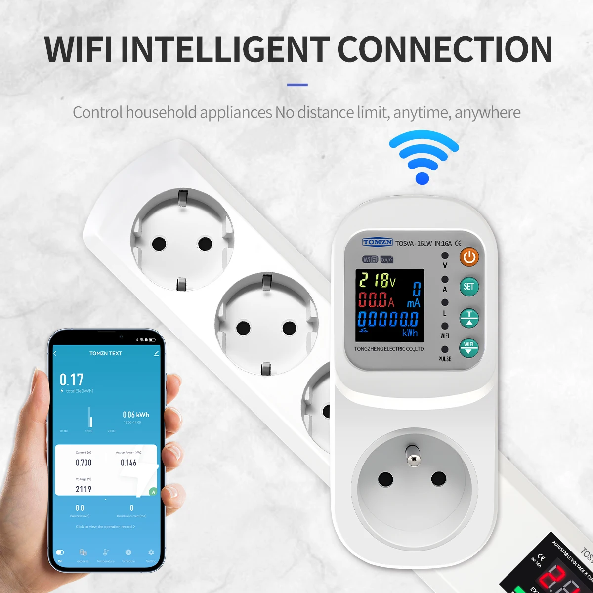 TOMZN TOSVA-16LW France WIFI TUYA Voltage Current Leakage Socket AC 110V 220V Adjustable 1-16A Power with PE Metering Timer