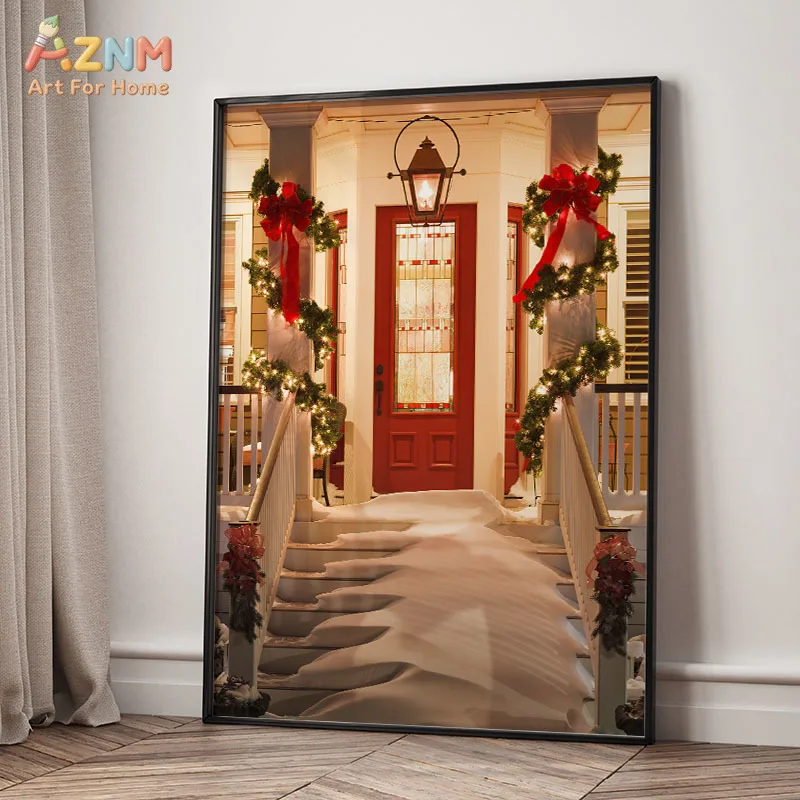 AZNM Vintage Christmas Santa Claus Gift Candy Cane Snowy Pine Tree Porch Scene Canvas Wall Art Xmas Home Indoor Decor Unframed C - view 5