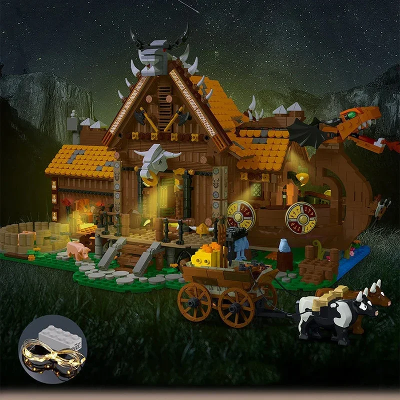 MOC The Vikings House With Light Building Blocks Village 21343 Pirate Medieval House Bricks Toys For Children Birthday Kid Gifts