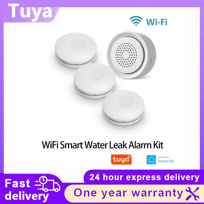 WiFi Water Leakage Sensor Flood Detector with Siren Alarm Kit Battery Powered Tuya Smart Life App Control