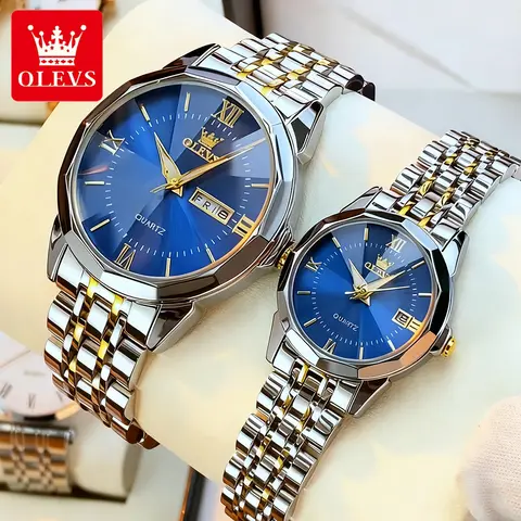 OLEVS 패션 커플 시계 탑 브랜드 고급 스틸 오리지널 쿼츠 손목시계 방수 발광 날짜 표시 2개 세트 남녀 시계