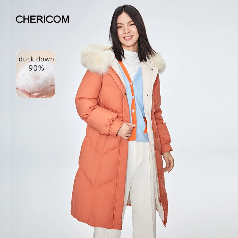 Chericom Goose Down Women's Down Jacket Fur Collar Thick Windproof Puffer Coat Skinny Hooded Mid Length Padded Jacket 268156