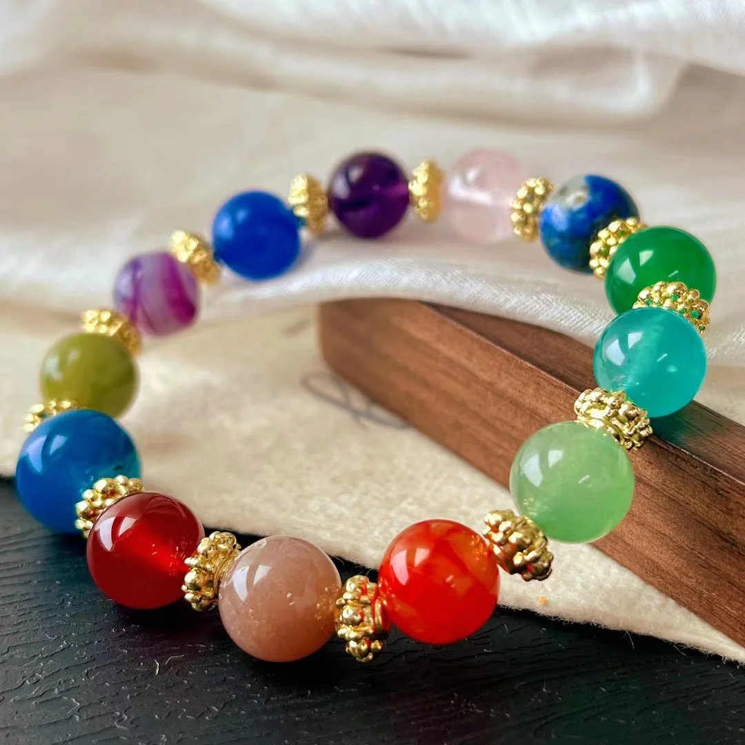 Vintage Mixed Gemstone Bracelet – Rose Quartz, Amethyst, Lapis, Chrysoprase & Agate Stackable Hand Chain for Women