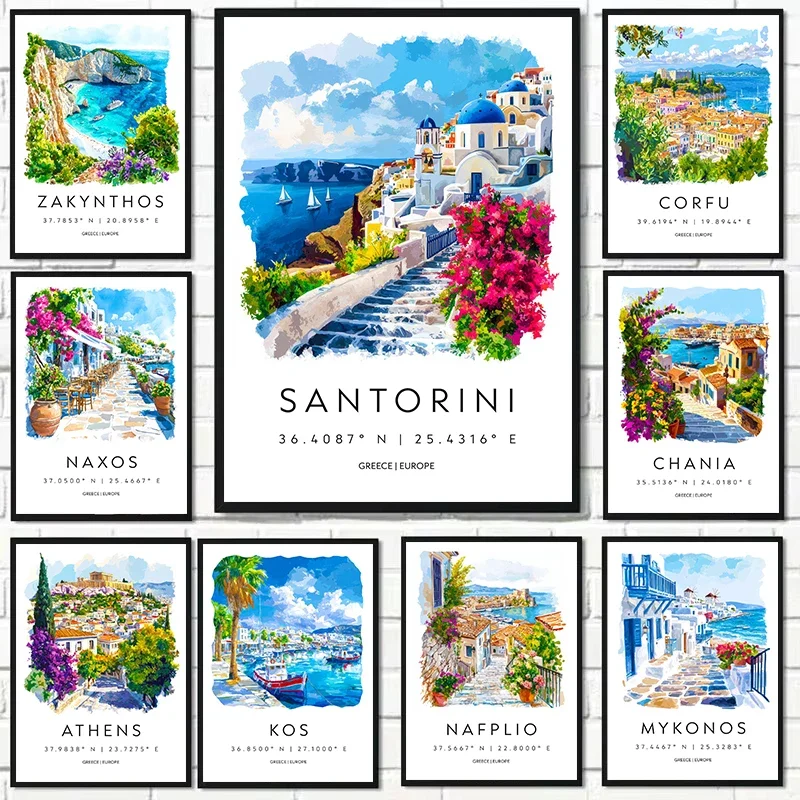 1pc frameless Canvas Painting Watercolor Greece Travel City SantoriniCoastal Nature Landscape Nordic Poster Canvas Painting Wall