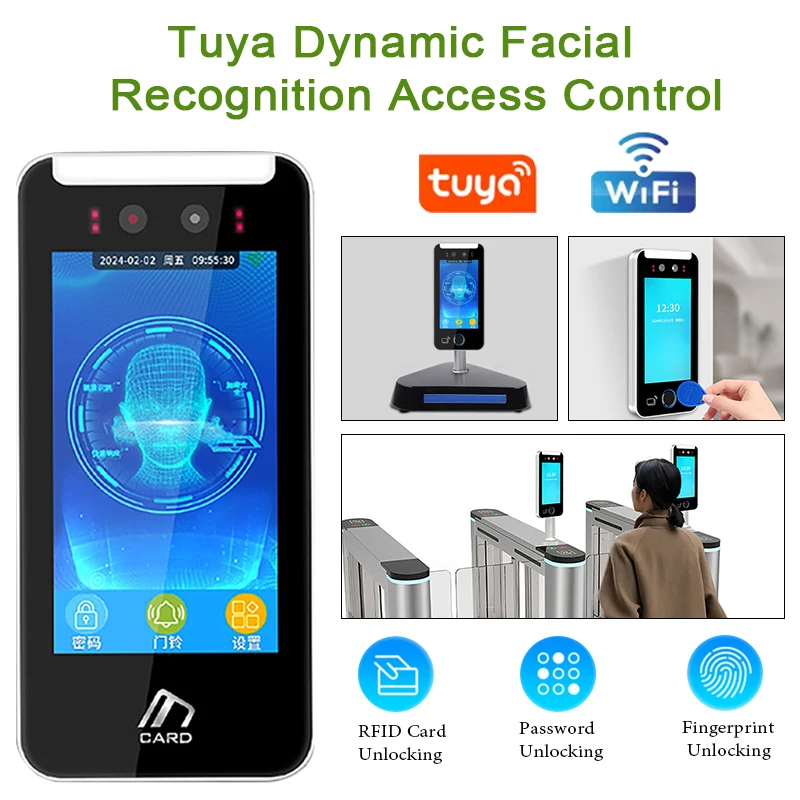 Tuya APP التحكم 5 بوصة 1080P HD شاشة WIFI AI بطاقة البيومترية الديناميكية بصمة التعرف على الوجه آلة الوصول إلى الحضور