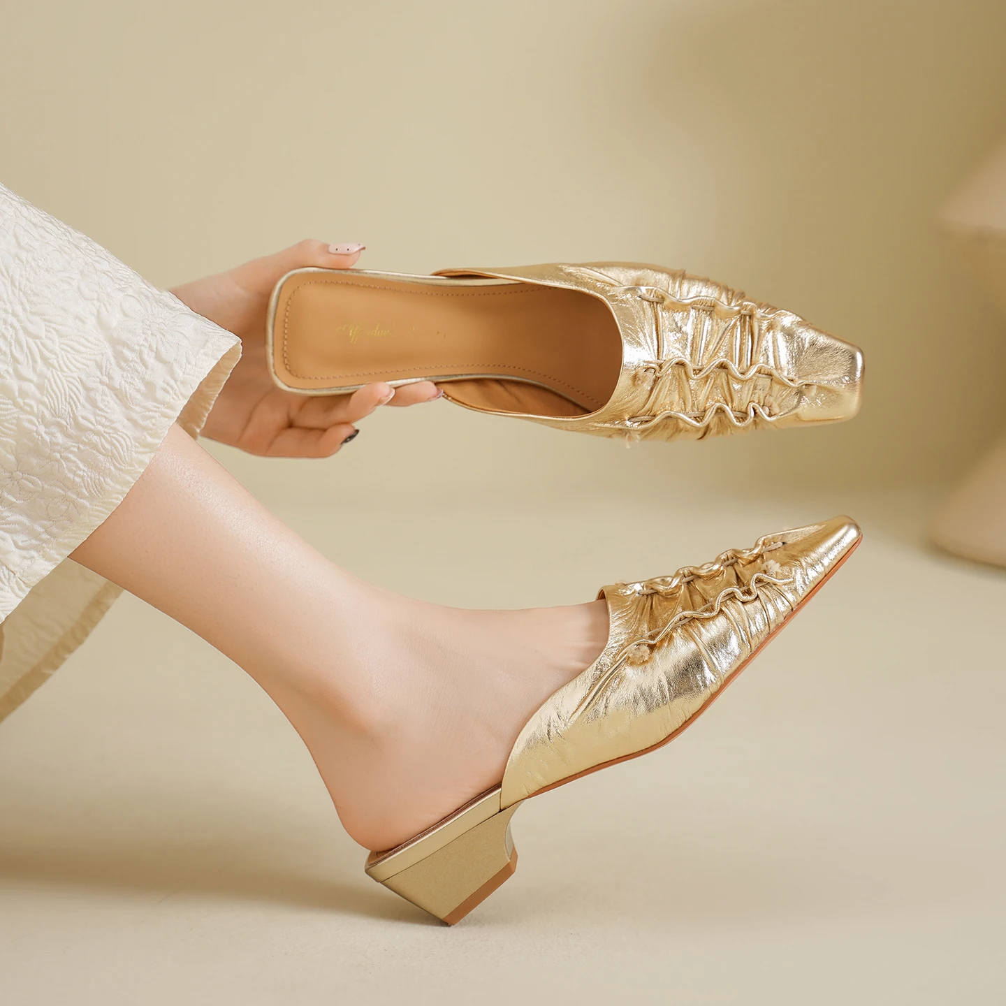 2026new summer women sandals natural leather 22-25cm cowhide+sheepskin+pigskin square toe pleated mules high heel women slippers