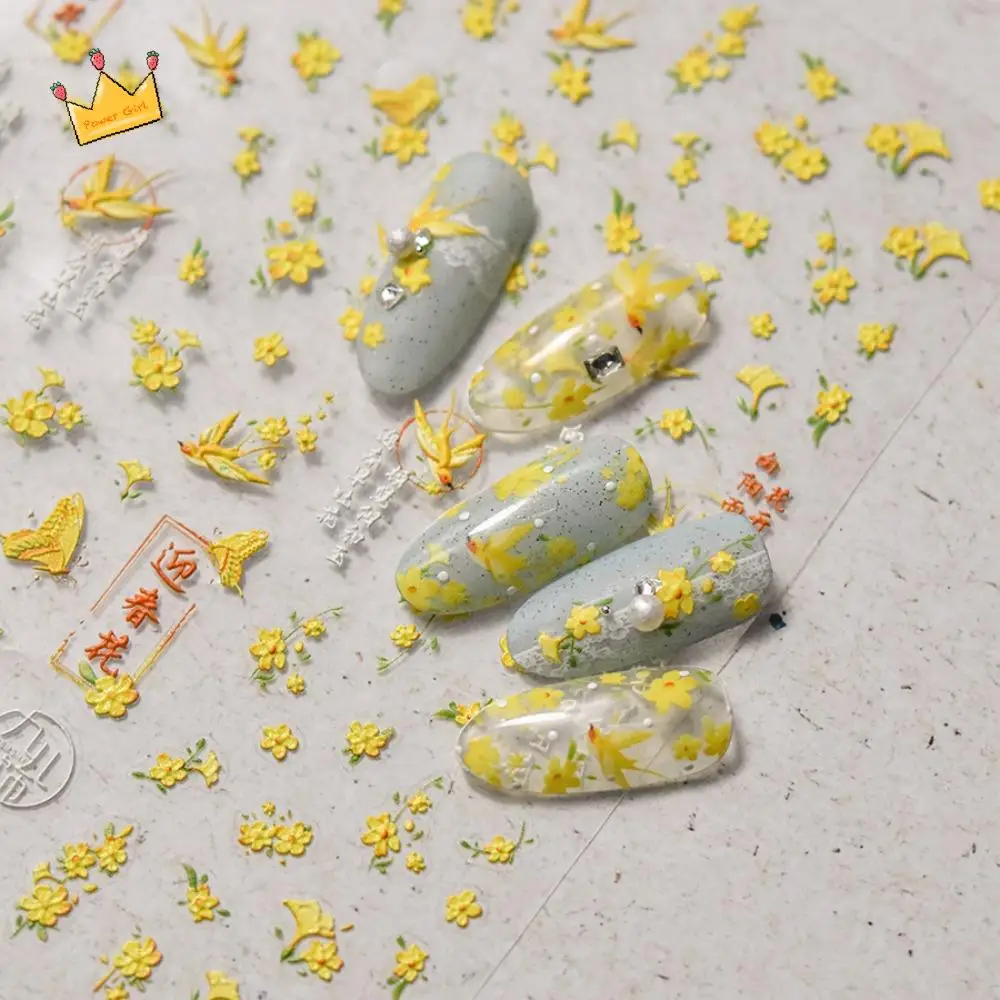Pegatinas de uñas chinas de nube, flores, cometa, golondrina, pájaro, calcomanías de uñas chinas, gansos silvestres, hoja de sauce, pegatinas en relieve 5D