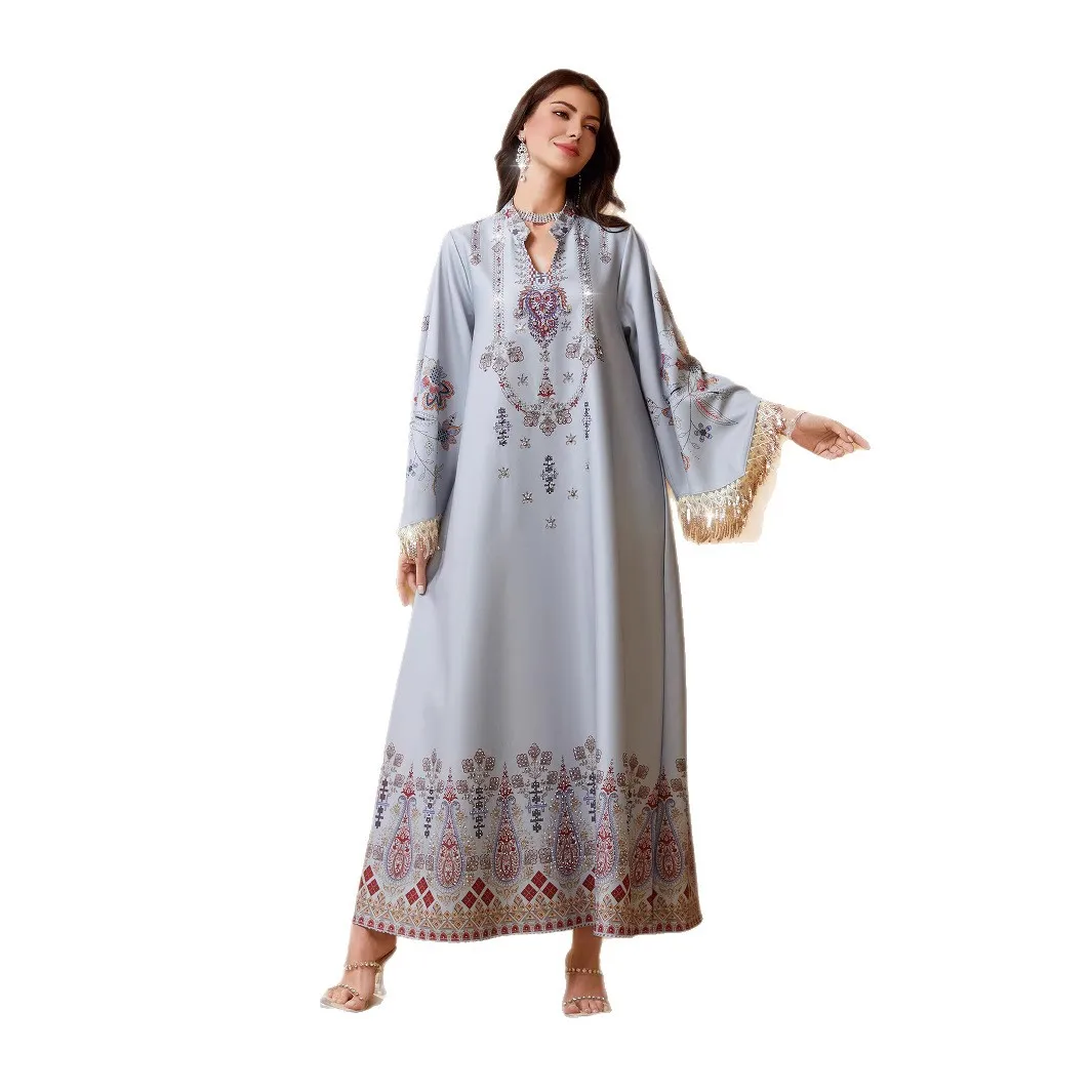 

Middle East Cross-Border Muslim Women's Robe V-Neck Printed Tassel Temperament Arabian Dress Abaya